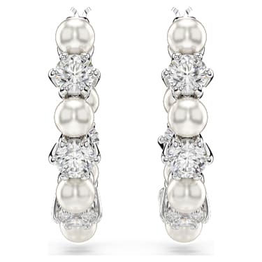 Matrix drop earrings, Crystal pearl, Round cut, White, Rhodium plated - Swarovski, 5709256
