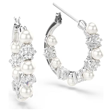 Matrix drop earrings, Crystal pearl, Round cut, White, Rhodium plated - Swarovski, 5709256