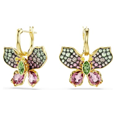 Brincos compridos Idyllia, Combinação de lapidações, Pavé, Borboleta, Multicor, Acabamento em ouro de 18 quilates - Swarovski, 5709953