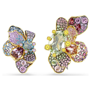 Uhani za pripenjanje Idyllia, Asimetričen dizajn, Mešani rezi, Pavé, Roža, Večbarvni, PVD zlatega odtenka - Swarovski, 5709957