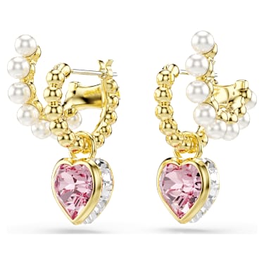 Imber 大圈耳環, 水晶珍珠，心形切割, 心形, 粉紅色, 鍍金（金色飾面） - Swarovski, 5711345