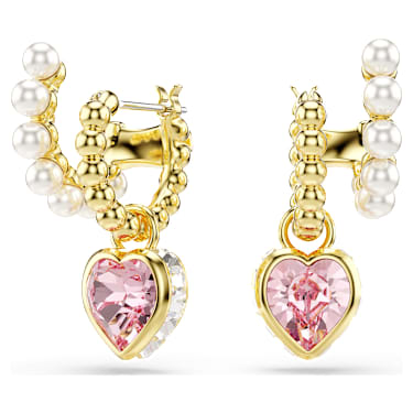 Imber 大圈耳環, 水晶珍珠，心形切割, 心形, 粉紅色, 鍍金色色調 - Swarovski, 5711345