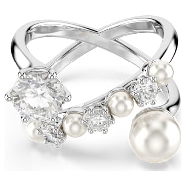 Matrix 個性戒指, 水晶珍珠, 圓形切割, 白色, 鍍白金色 - Swarovski, 5714376