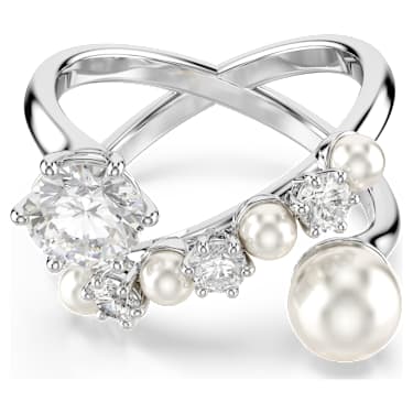 Matrix 個性戒指, 水晶珍珠, 圓形切割, 白色, 鍍白金色 - Swarovski, 5714376