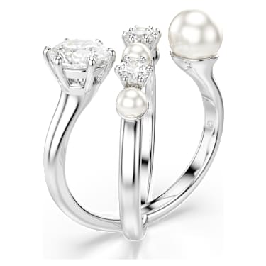 Matrix 個性戒指, 水晶珍珠, 圓形切割, 白色, 鍍白金色 - Swarovski, 5714376