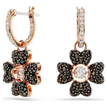 Idyllia 水滴形耳環, 幸運草, 黑色, 18K 金（玫瑰金色）飾面 - Swarovski, 5714902
