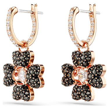 Idyllia 水滴形耳環, 幸運草, 黑色, 鍍金（玫瑰金色飾面） - Swarovski, 5714902