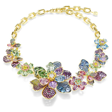 Idyllia necklace, Mixed cuts, Pavé, Flower, Multicoloured, Gold