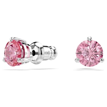 Solitaire stud earrings, Round cut, Pink, Rhodium plated - Swarovski, 5717577