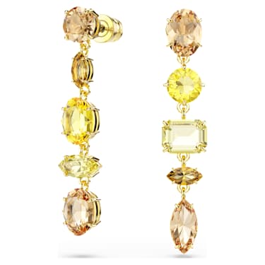 Gema csepp alakú fülbevaló, Aszimmetrikus dizájn, Vegyes metszés, Nagy, Sárga, 18 kt-os aranybevonat - Swarovski, 5718073