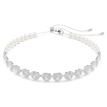 Ariana Grande x Swarovski Tennis 頸鏈, 混合式切割，水晶珍珠, 心形, 白色, 鍍白金色 - Swarovski, 5720861