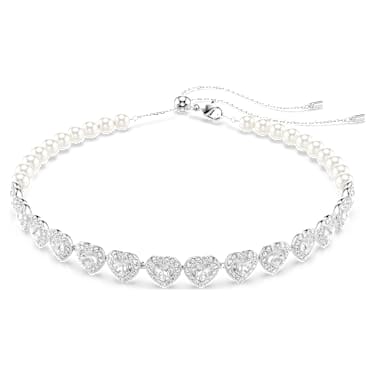 Ariana Grande x Swarovski Tennis 頸鏈, 混合式切割，水晶珍珠, 心形, 白色, 鍍白金色 - Swarovski, 5720861