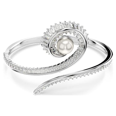 Ariana Grande x Swarovski bangle, Crystal pearl, Baguette cut, White, Rhodium plated - Swarovski, 5720863