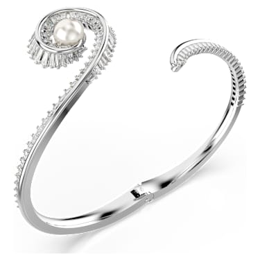 Ariana Grande x Swarovski bangle, Crystal pearl, Baguette cut, White, Rhodium plated - Swarovski, 5720863