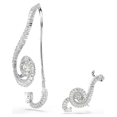 Ariana Grande x Swarovski clip earrings, Asymmetrical design, Crystal pearl, Baguette cut, White, Rhodium plated - Swarovski, 5720866