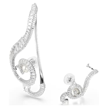 Ariana Grande x Swarovski clip earrings, Asymmetrical design, Crystal pearl, Baguette cut, White, Rhodium plated - Swarovski, 5720866