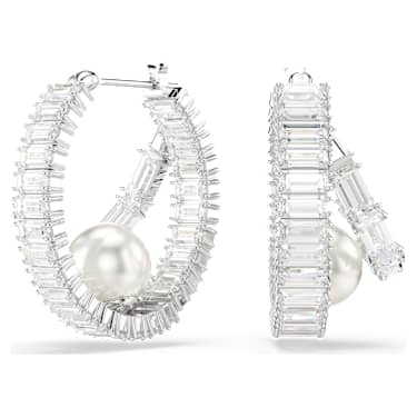 Ariana Grande x Swarovski hoop earrings, Crystal pearl, Baguette cut, White, Rhodium plated - Swarovski, 5720868