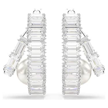 Ariana Grande x Swarovski hoop earrings, Crystal pearl, Baguette cut, White, Rhodium plated - Swarovski, 5720868