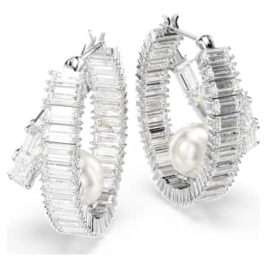 Pendientes de aro Ariana Grande x Swarovski, Crystal Pearl, Talla baguette, Blancos, Baño de rodio - Swarovski, 5720868