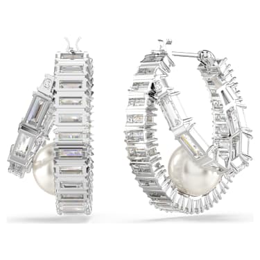 Ariana Grande x Swarovski hoop earrings, Crystal pearl, Baguette cut, White, Rhodium plated - Swarovski, 5720868
