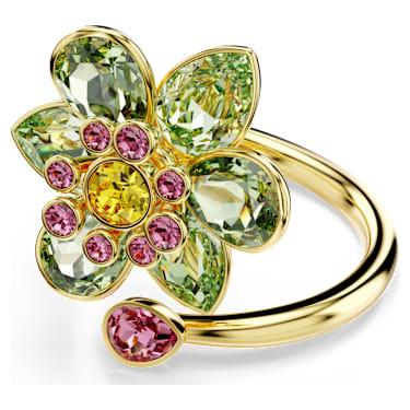 Idyllia open ring, Mixed cuts, Flower, Green, Gold-tone plated - Swarovski, 5721598
