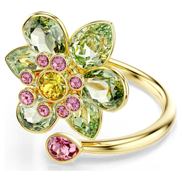 Idyllia open ring, Mixed cuts, Flower, Green, Gold-tone plated - Swarovski, 5721598
