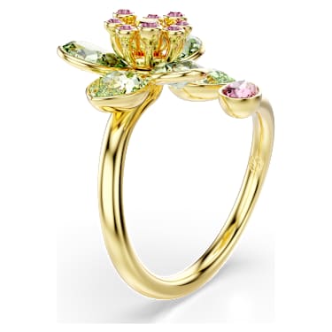 Idyllia open ring, Mixed cuts, Flower, Green, Gold-tone plated - Swarovski, 5721598