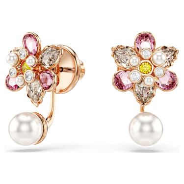 Pendientes ear jacket Idyllia, Perla de cristal, Tallas mixtas, Flor, Multicolores, Baño tono oro rosa - Swarovski, 5722100