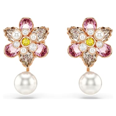 Idyllia earring jackets, Crystal pearl, Mixed cuts, Flower, Multicoloured, Rose gold-tone plated - Swarovski, 5722100