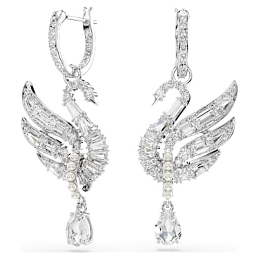 Swan 穿孔耳环, 天鹅, 白色, 镀铑 - Swarovski, 5723388