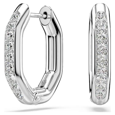 Dextera hoop earrings, Octagon shape, Round cut, White, Rhodium plated - Swarovski, 5724585