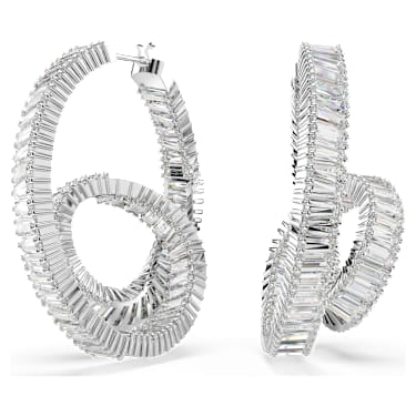 Kruhové náušnice Matrix, Bagetový výbrus, Stuha, Bílá, Pokoveno rhodiem - Swarovski, 5727113
