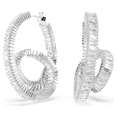 Matrix hoop earrings, Baguette cut, Ribbon, White, Rhodium plated - Swarovski, 5727113