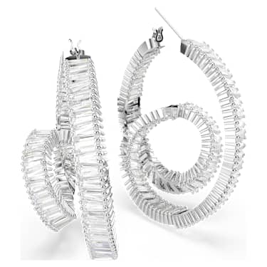 Kruhové náušnice Matrix, Bagetový výbrus, Stuha, Bílá, Pokoveno rhodiem - Swarovski, 5727113