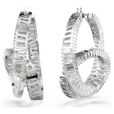 Kruhové náušnice Matrix, Bagetový výbrus, Stuha, Bílá, Pokoveno rhodiem - Swarovski, 5727113