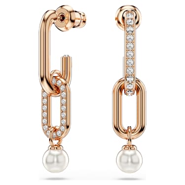Constella drop earrings, Crystal pearl, Round cut, White, Rose gold-tone plated - Swarovski, 5728585