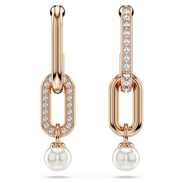 Constella drop earrings, Crystal pearl, Round cut, White, Rose gold-tone plated - Swarovski, 5728585