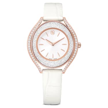Crystalline aura Uhr, Schweizer Produktion, Lederarmband, Weiß, Roségoldfarbenes Finish - Swarovski, 5730146