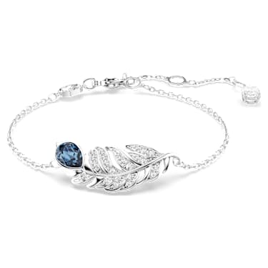 Idyllia armband, Verschillende slijpvormen, Veer, Blauw, Rodium toplaag - Swarovski, 5730359
