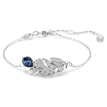 Idyllia armband, Verschillende slijpvormen, Veer, Blauw, Rodium toplaag - Swarovski, 5730359