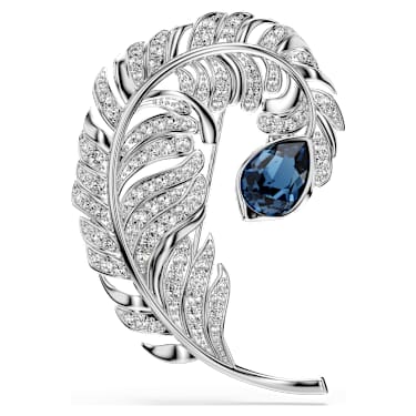 Idyllia brooch, Mixed cuts, Feather, Blue, Rhodium plated - Swarovski, 5730360