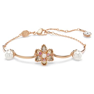 Idyllia 手链, 仿水晶珍珠, 混合切割, 花朵, 流光溢彩, 镀玫瑰金色调 - Swarovski, 5730361