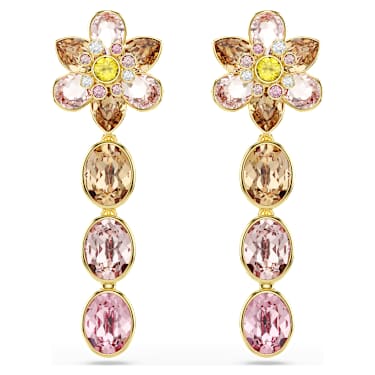 Idyllia drop earrings, Mixed cuts, Flower, Multicolored, Gold-tone plated - Swarovski, 5732381