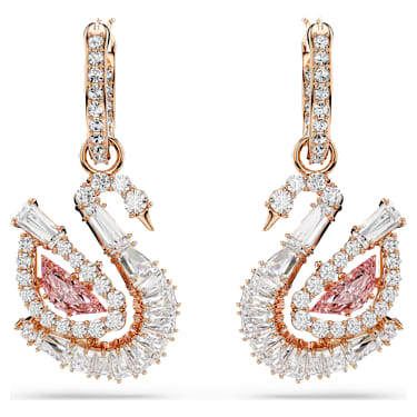 Brincos compridos Swan, Pavé, Cisne, Rosa, Acabamento em ouro rosa de 18 quilates - Swarovski, 5732415