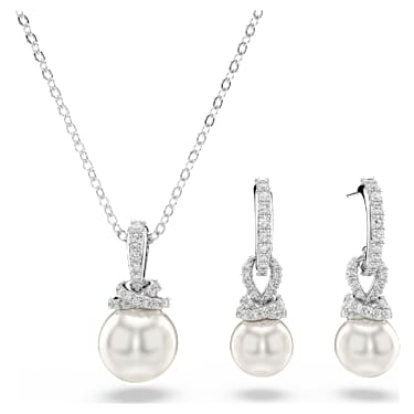 Set Originally, Pavé, Perlă de cristal, Alb, Placat cu rodiu