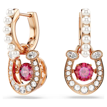 Symbolica drop earrings, Crystal pearl, Round cut, Pavé, Horseshoe, Red, Rose gold-tone plated - Swarovski, 5736979