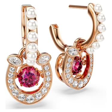 Symbolica Oorhangers, Crystal pearl, Round-slijpvorm, Pavé, Hoefijzer, Rode, 18k roségouden afwerking - Swarovski, 5736979