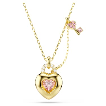 Pingente Idyllia, Combinação de lapidações, Coração, chave, Rosa, Lacado a dourado - Swarovski, 5737288
