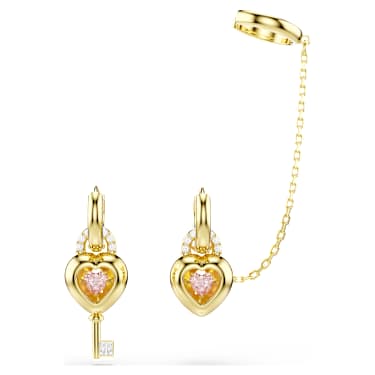 Orecchini pendenti con ear cuff Idyllia, Taglio misto, Cuore con chiave, Rosa, Finitura oro 18K - Swarovski, 5737294
