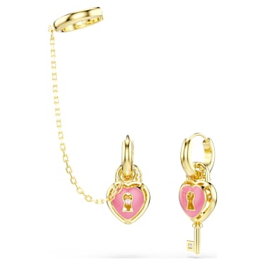 Idyllia drop earrings with ear cuff, Mixed cuts, Heart with key, Pink, 18K gold finish - Swarovski, 5737294